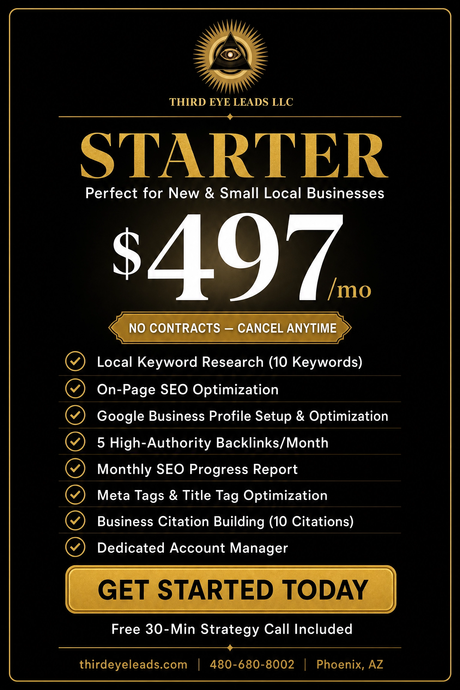Black-and-gold “Starter” website design package ad, $497/mo, with “Get Started Today” button