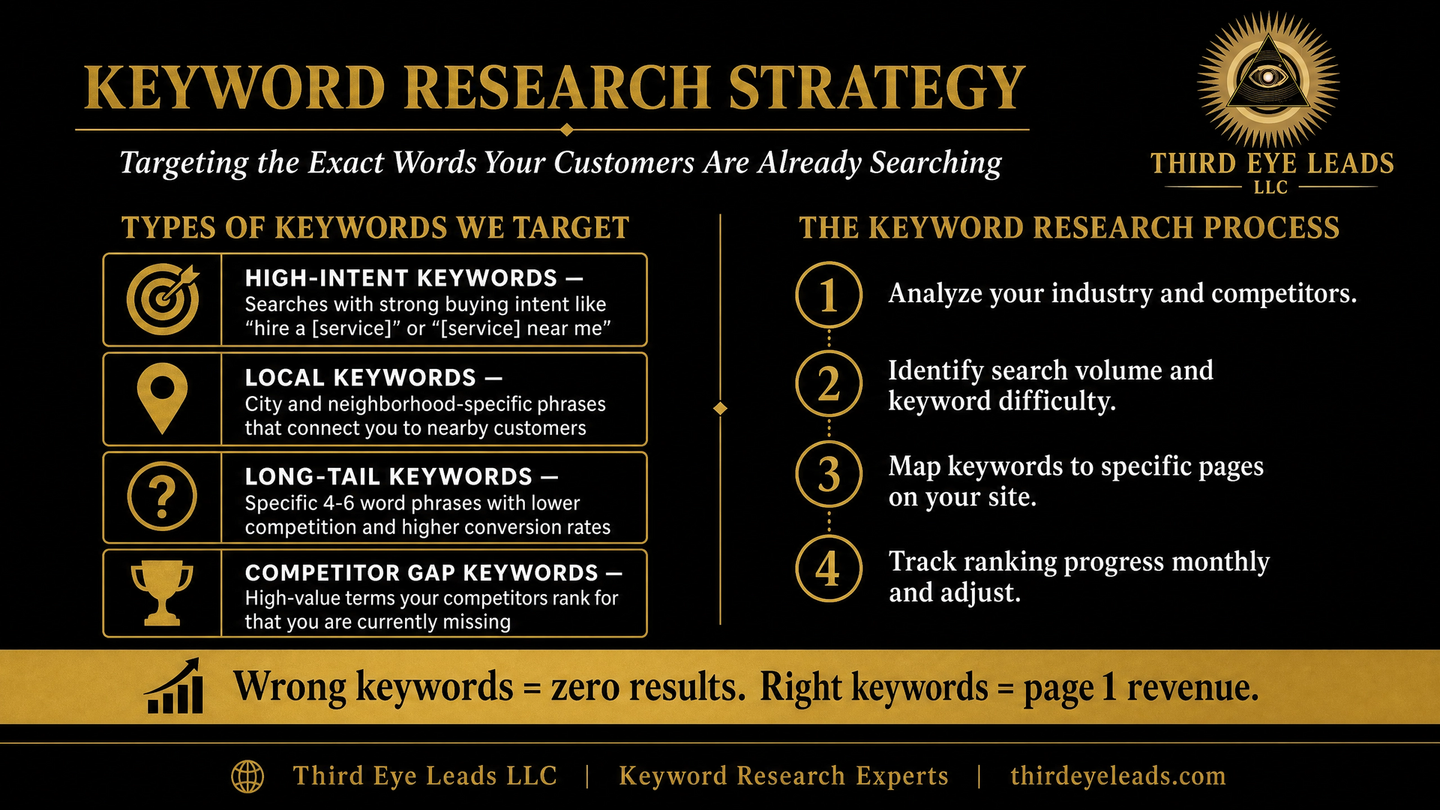 Infographic on keyword research strategy with gold text and icons on a dark background
