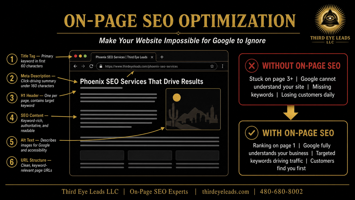 Black-and-gold on-page SEO optimization infographic with checklist and website layout illustration