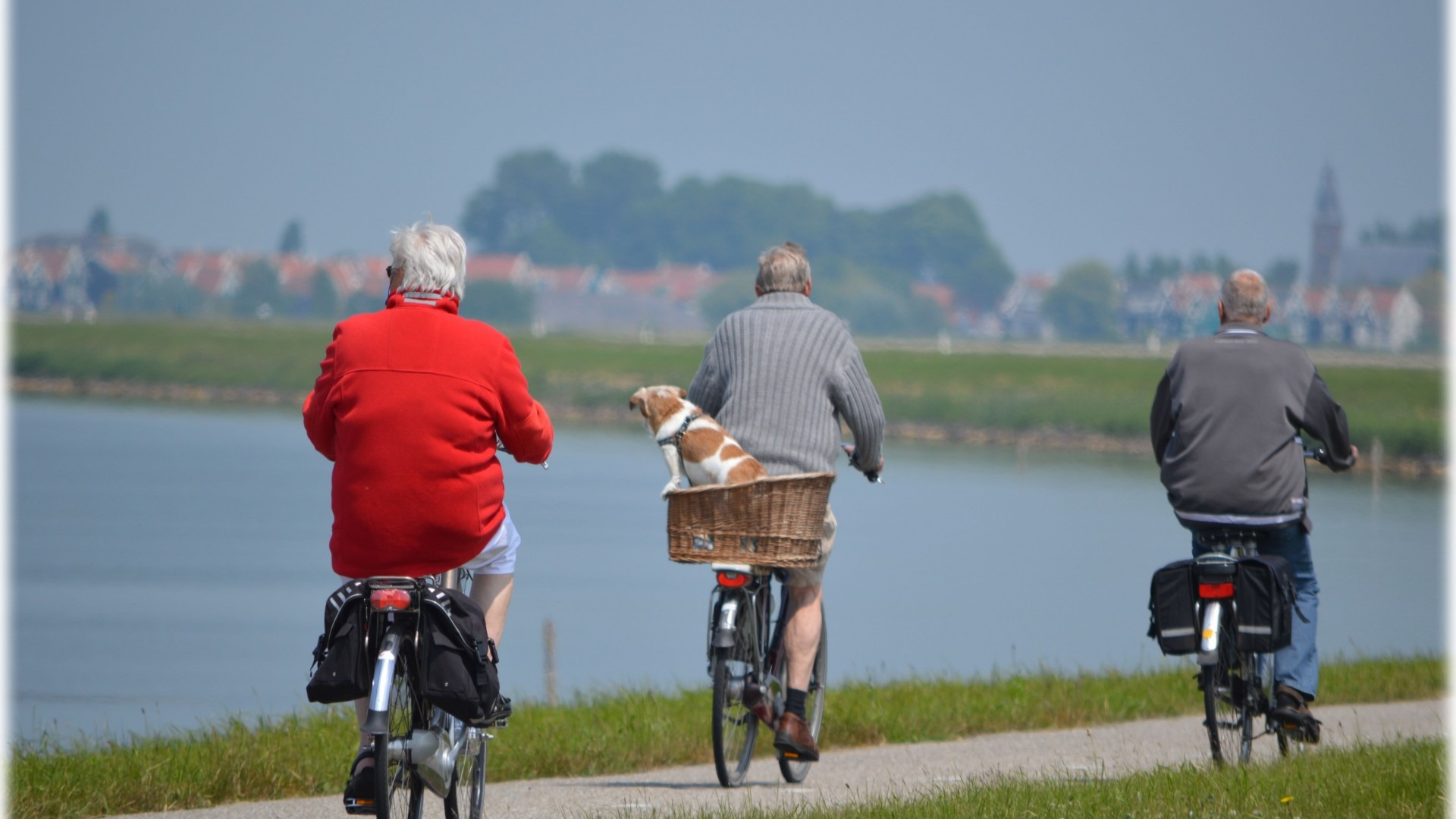 idosos  pedalando na beira de uma lagoa