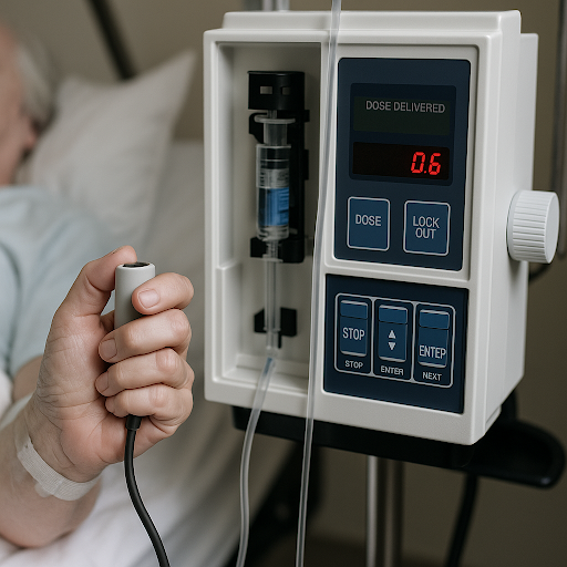 Paciente utilizando bomba de analgesia controlada pelo próprio paciente (PCA), tecnologia que permite ajuste individualizado da dose para melhor controle da dor no pós-operatório.