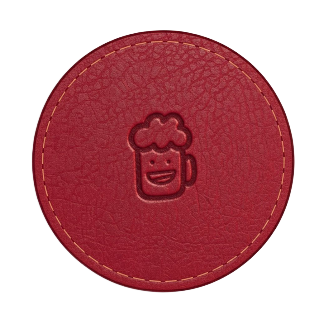 Red leather coaster with embossed smiling beer mug icon.