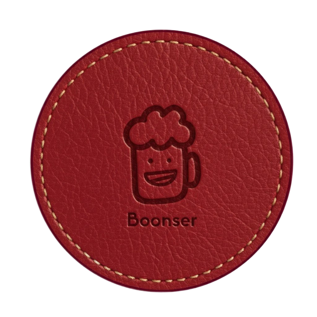 Red leather coaster with a smiling beer mug icon and the word 