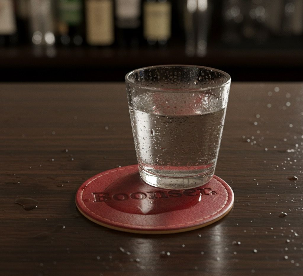 Shot glass of water on a red coaster at a bar. The glass has condensation.