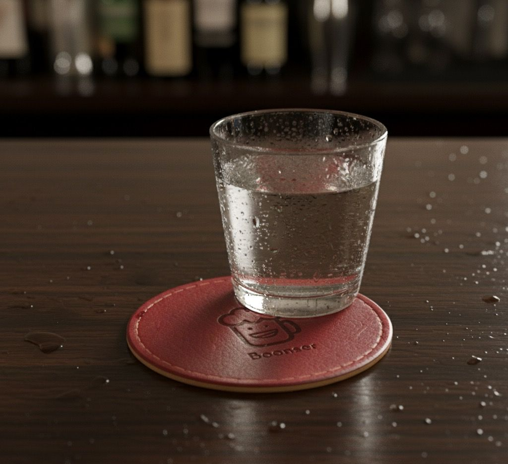 Glass of water on a red coaster on a wooden bar, drops of condensation visible, bar in background.