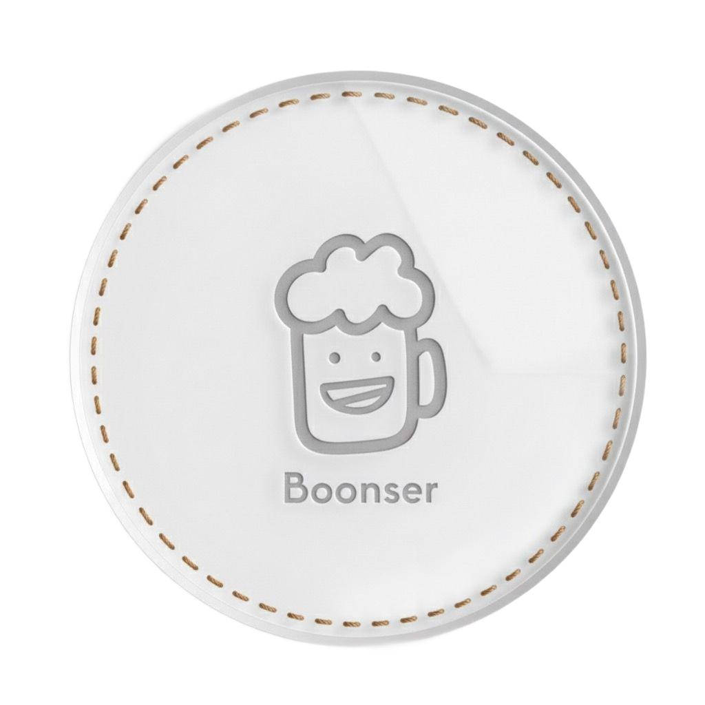 White coaster with a smiling beer mug graphic, the word 