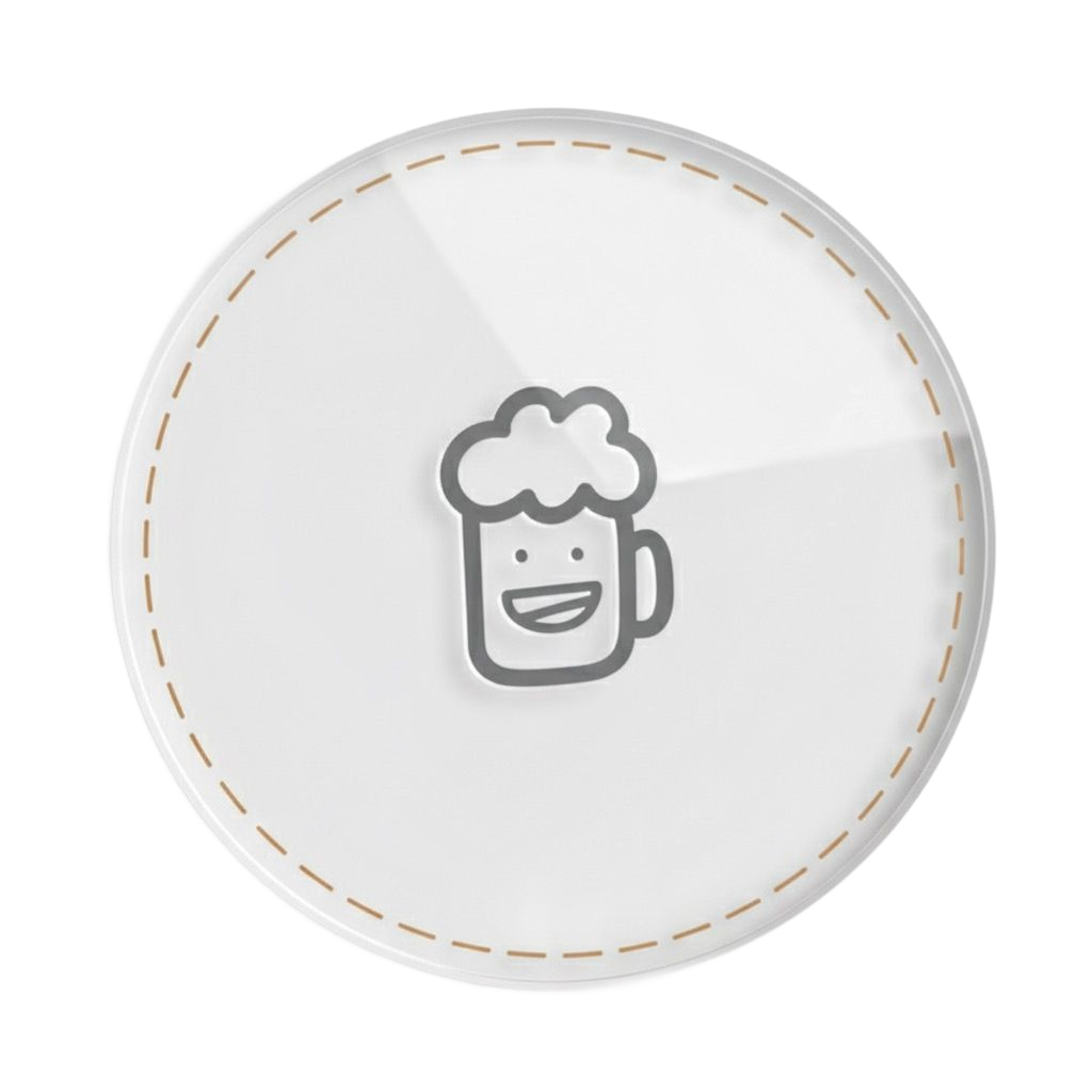 White coaster with a smiling beer mug drawing.