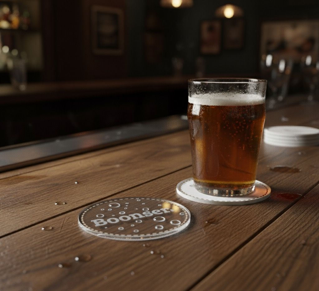 A glass of beer on a bar, with a coaster, in a dimly lit pub setting.