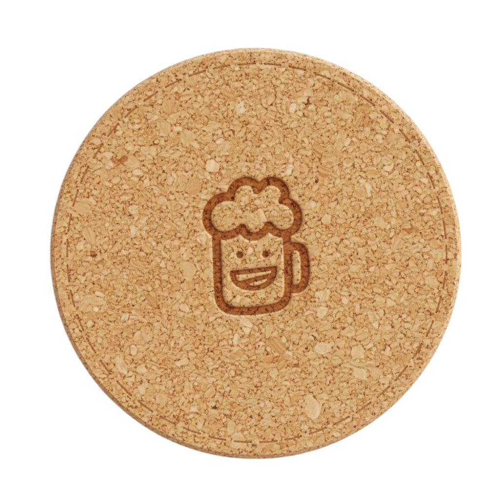 Cork beer coaster with a smiling mug icon.