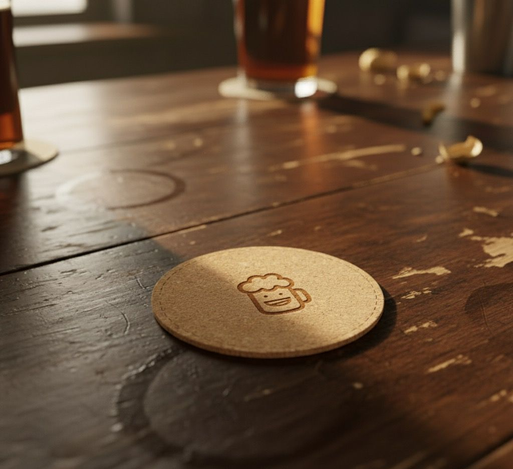 Cork beer coaster with a beer mug icon sits on a weathered wooden table with beer glasses.
