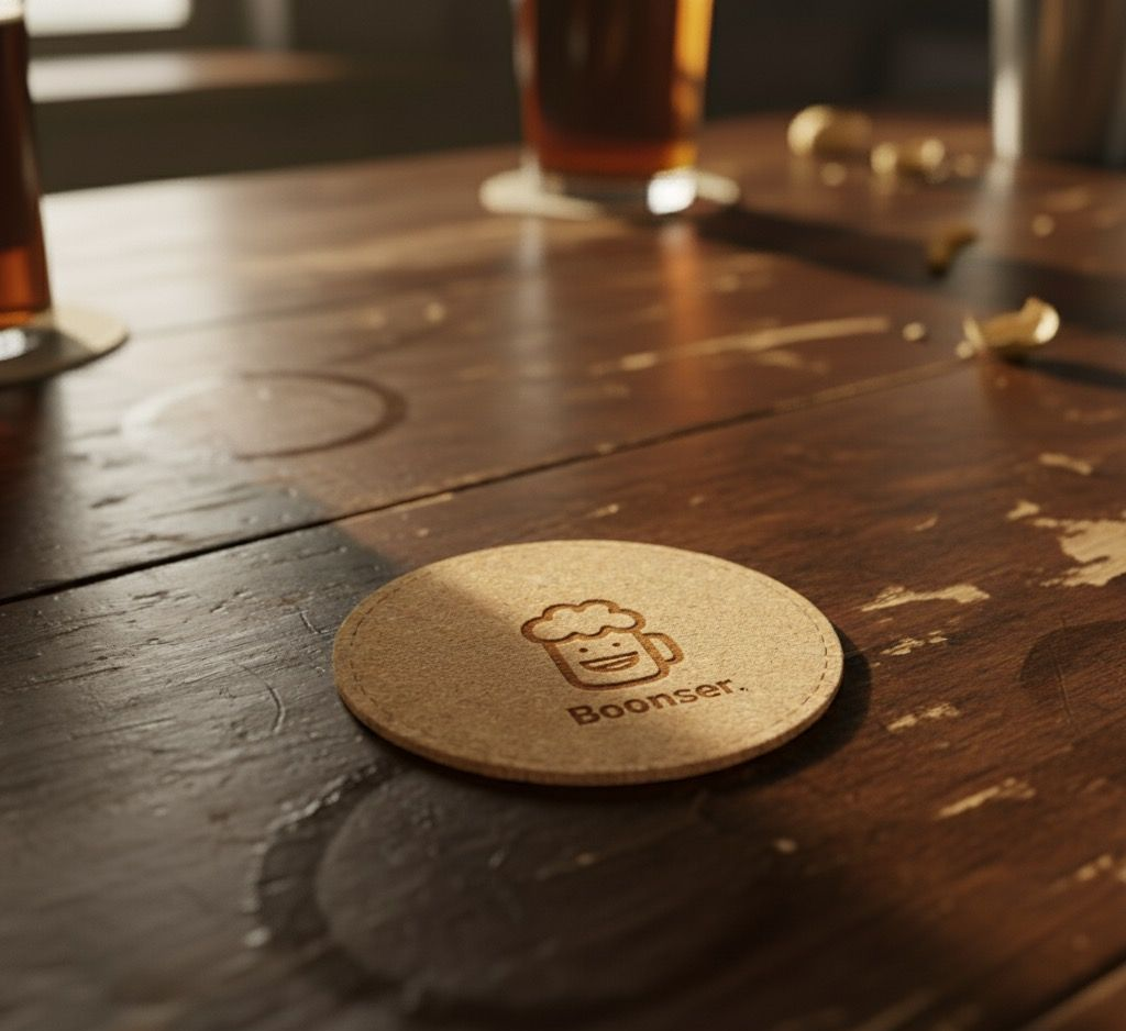 Wooden coaster with beer mug logo on a worn table, beer glasses in the background.