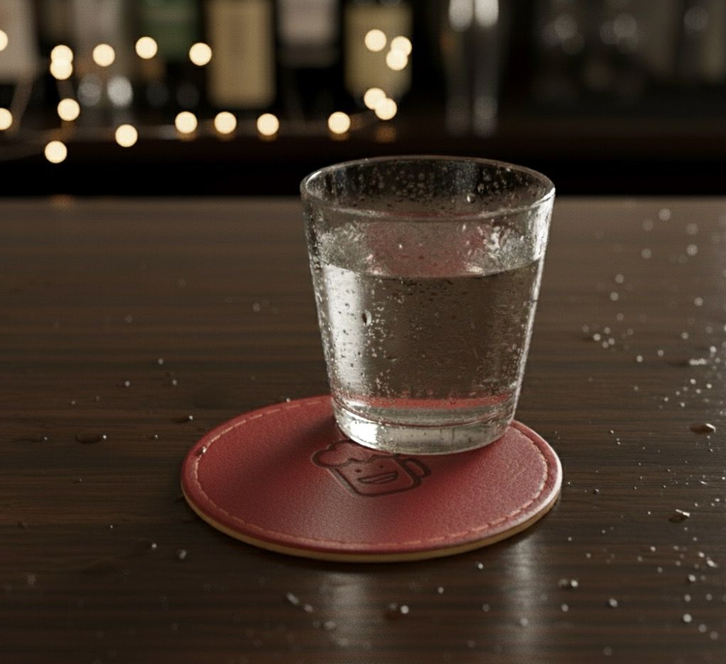 A glass of water on a red coaster at a bar, condensation visible.