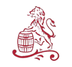 Lion standing next to barrel, reddish-brown against white background. Decorative scroll below.