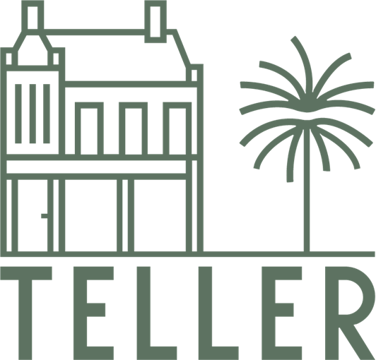 Green line drawing of building and palm tree;