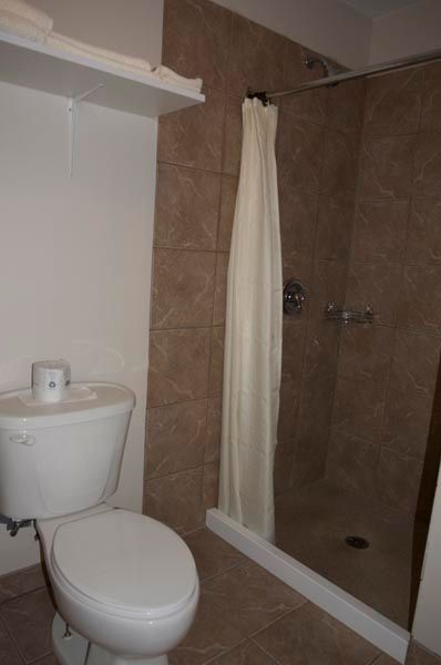 A bathroom with a toilet and a walk in shower