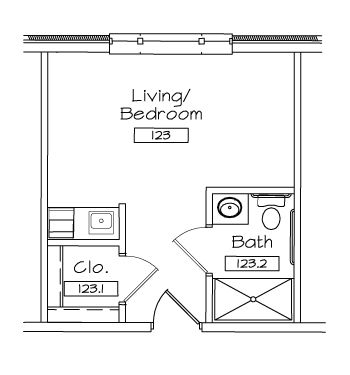 A black and white floor plan of a living room and bedroom.