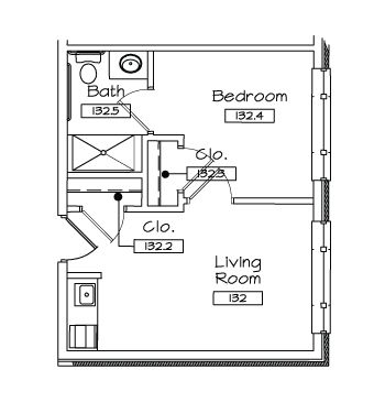 A black and white floor plan of a bedroom and living room.