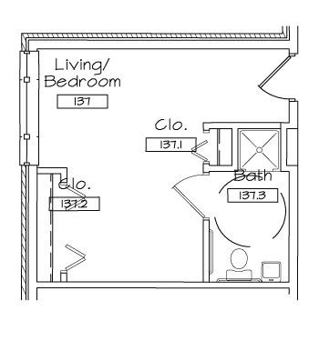 A black and white floor plan of a living room and bedroom.