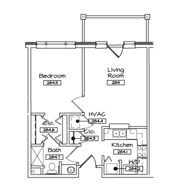 A black and white floor plan of a bedroom , living room , and kitchen.