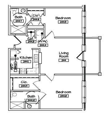 A black and white floor plan of a house with bedrooms and bathrooms