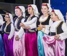 A group of young girls are dancing in traditional costumes.