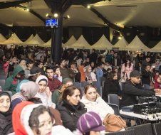 A large group of people are sitting in a stadium watching a concert.