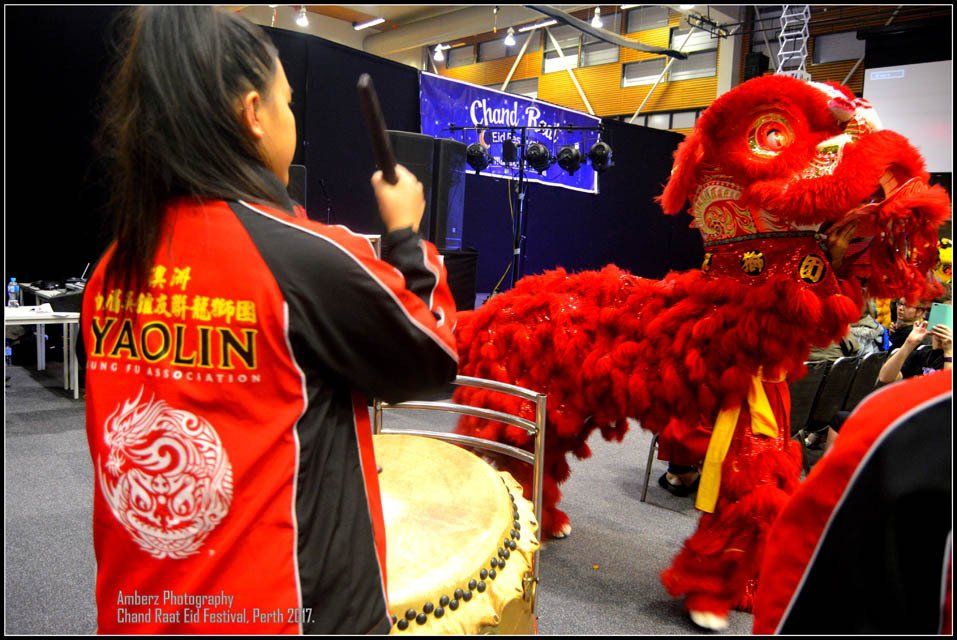 A woman in a red yaolin shirt stands in front of a lion