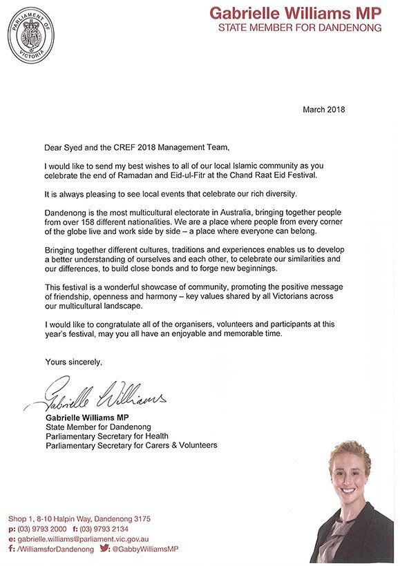 A letter from gabrielle williams mp with a picture of a woman on it.