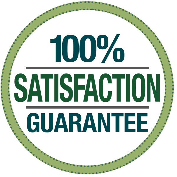 100% Satisfaction Guarantee badge. Green and white circular design. Text: 100%, Satisfaction, Guarantee.