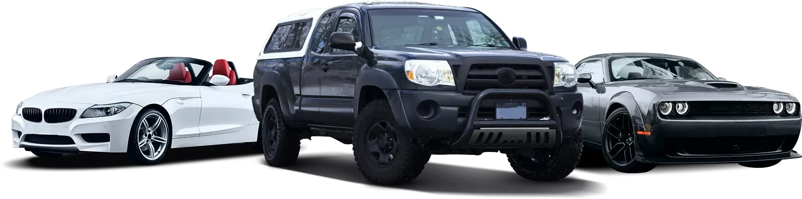 White car, black truck, and black Dodge, parked with isolated background | DeMartile Auto Care & Tires