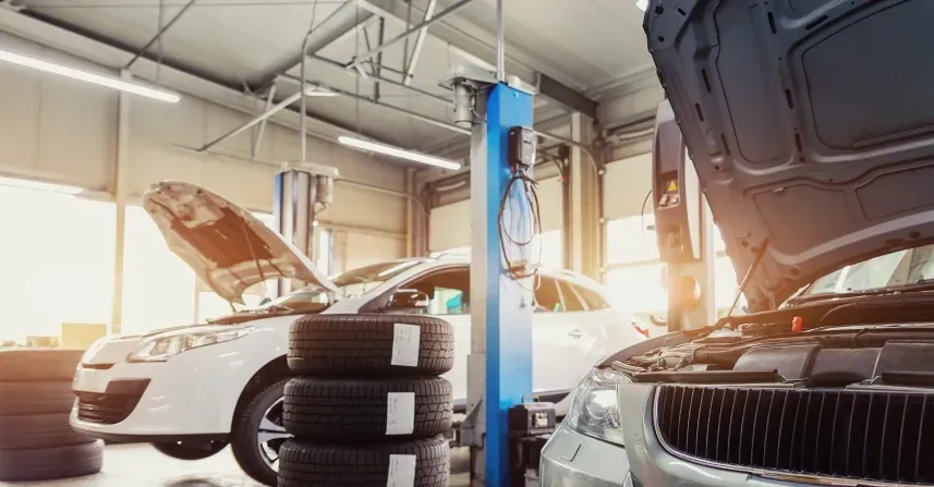 Vehicles in garage with hood lifted up | DeMartile Auto Care & Tires