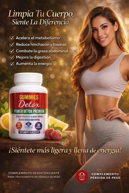 Anuncio de gomitas desintoxicantes. Una mujer junto a un frasco de gomitas. El texto incluye los beneficios