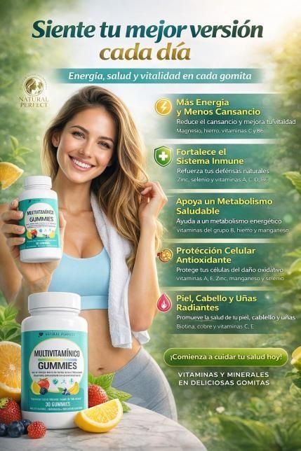 Mujer sosteniendo botellas de suplementos, sonriendo, con beneficios enumerados en el fondo: energía, salud, vitalidad