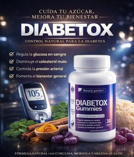 Publicidad de Diabetox Gummies: frasco de gomitas con información e ingredientes relacionados con la diabetes