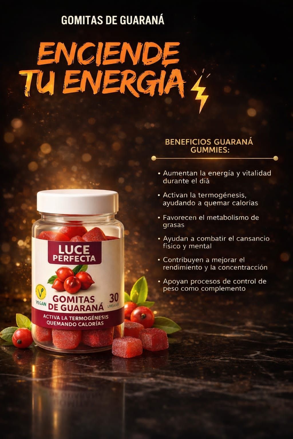 Tarro de gomitas energéticas “Gomitas de Guaraná” con beneficios enumerados.