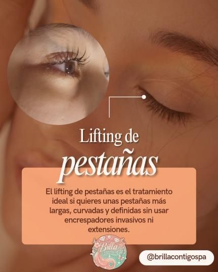 Anuncio de lifting de pestañas que muestra un primer plano de los ojos, resaltando pestañas más largas y curvadas.