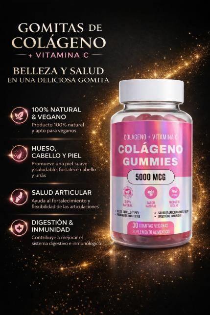 Anuncio de gomitas de colágeno con vitamina C. En el centro, un frasco de gomitas rosas.