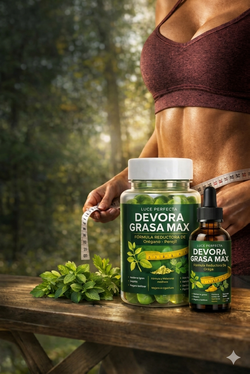 Mujer con abdominales marcados y cinta de pesas sostiene botellas de suplementos