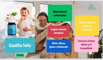 Niño y adulto sonriendo, con botella de suplemento y cuadros de texto que resaltan los beneficios.