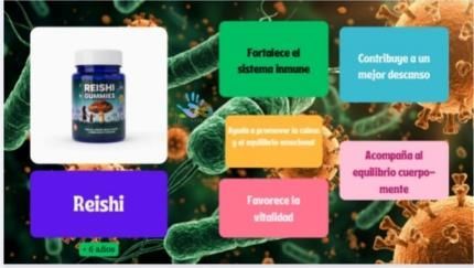 Botella de suplemento de Reishi con texto: Fortalece el sistema inmunológico, ayuda a un mejor descanso