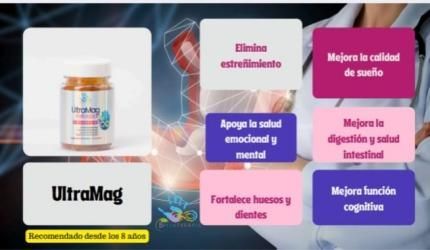 Botella de suplemento UltraMag con íconos de beneficios, que incluyen mejor sueño y función cognitiva.