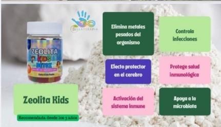 Una botella de Zeolita Kids, con beneficios para la salud enumerados: elimina metales pesados, protege el cerebro