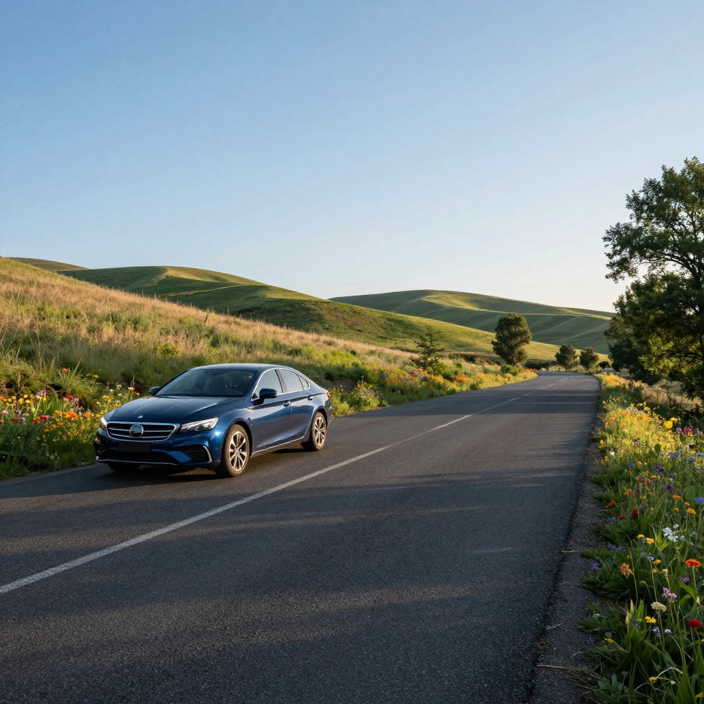 Una berlina blu su una strada tortuosa attraverso un pendio erboso con fiori selvatici sotto un cielo limpido.