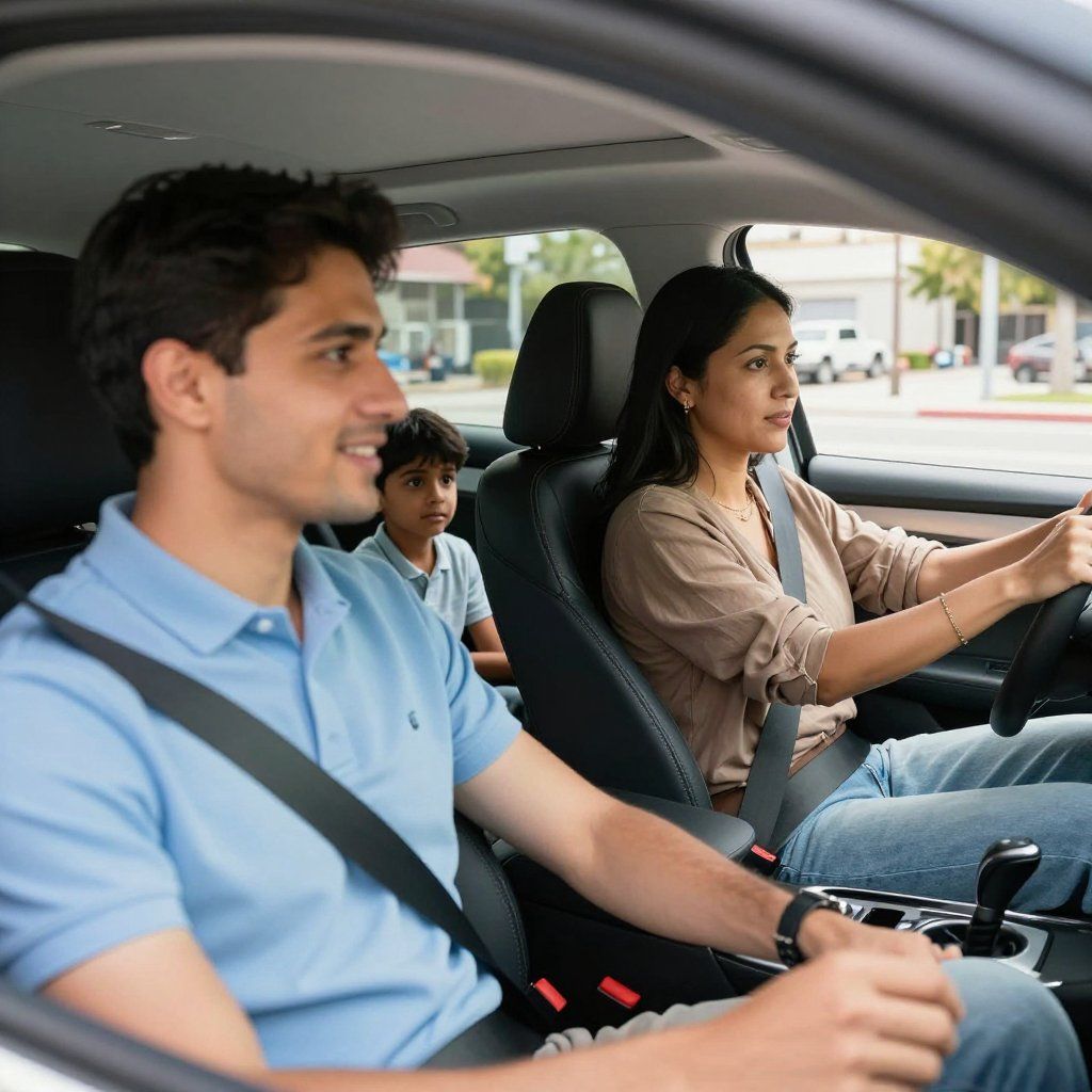 Una famiglia di tre persone in auto, una donna alla guida, un uomo e un bambino seduti dietro, tutti con le cinture di sicurezza allacciate.