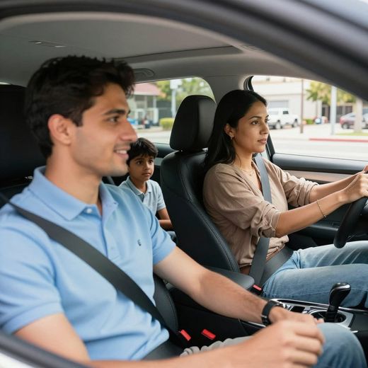 Una famiglia di tre persone in auto, una donna alla guida, un uomo e un bambino seduti dietro, tutti con le cinture di sicurezza allacciate.