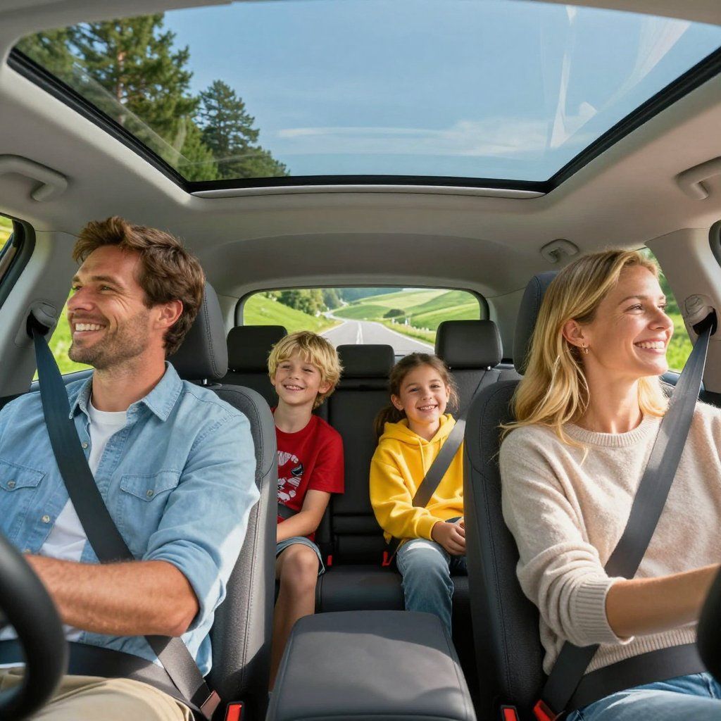 Una famiglia sorride all'interno di un'auto con tetto panoramico, mentre percorre una strada soleggiata.