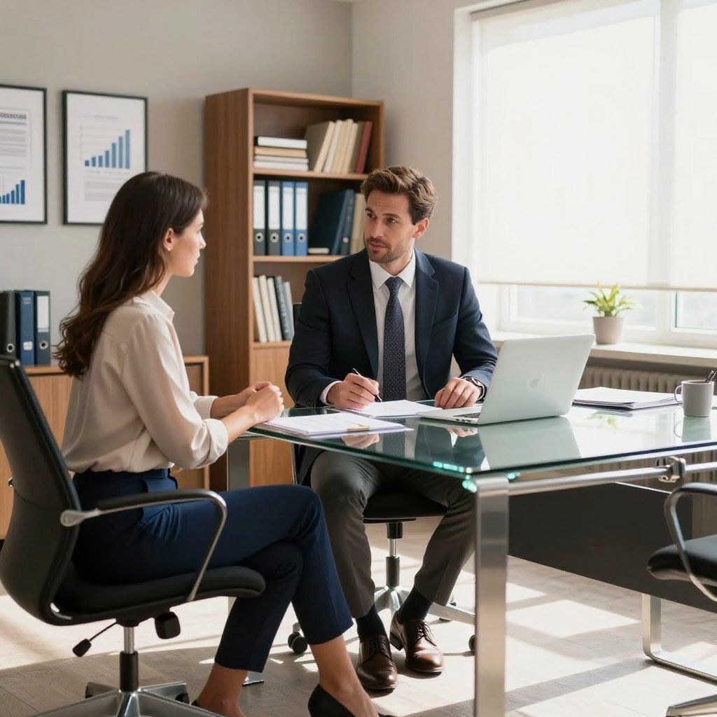 Una donna e un uomo in riunione in ufficio, seduti a una scrivania di vetro, discutono di documenti, computer portatile e strategia aziendale.