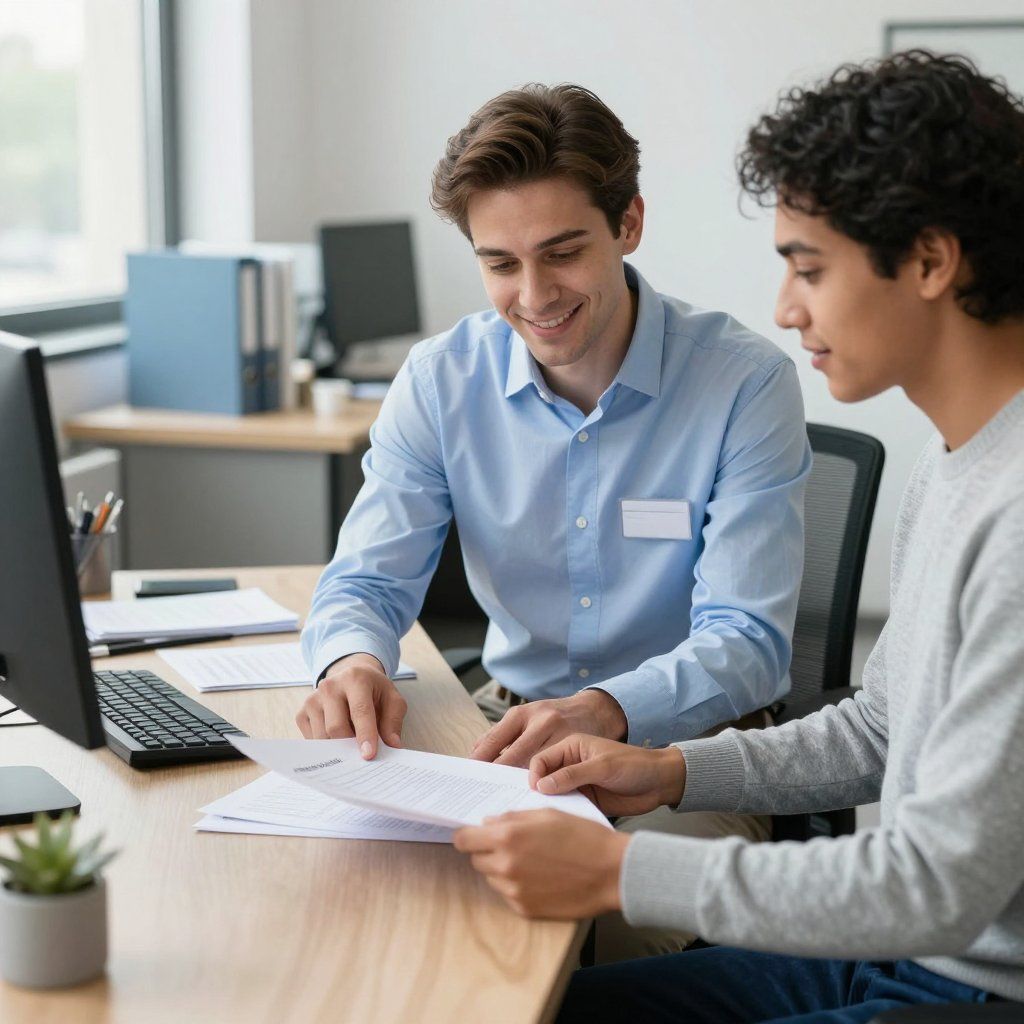 Due persone sedute a una scrivania guardano dei documenti, sorridendo. Ambiente d'ufficio.