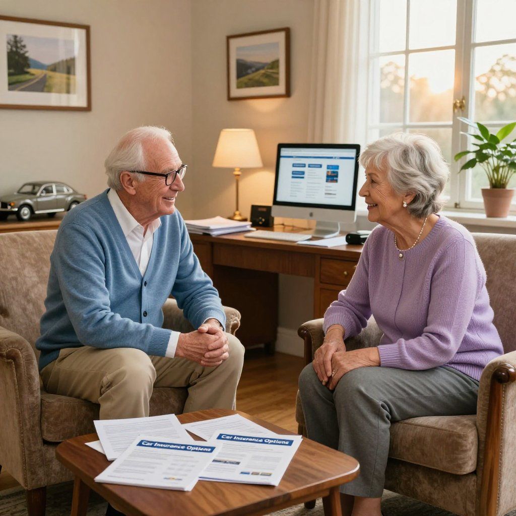 Una coppia di anziani seduti in poltrona, che esaminano documenti sul tavolino da caffè, sorridenti, con il computer e la lampada sullo sfondo.