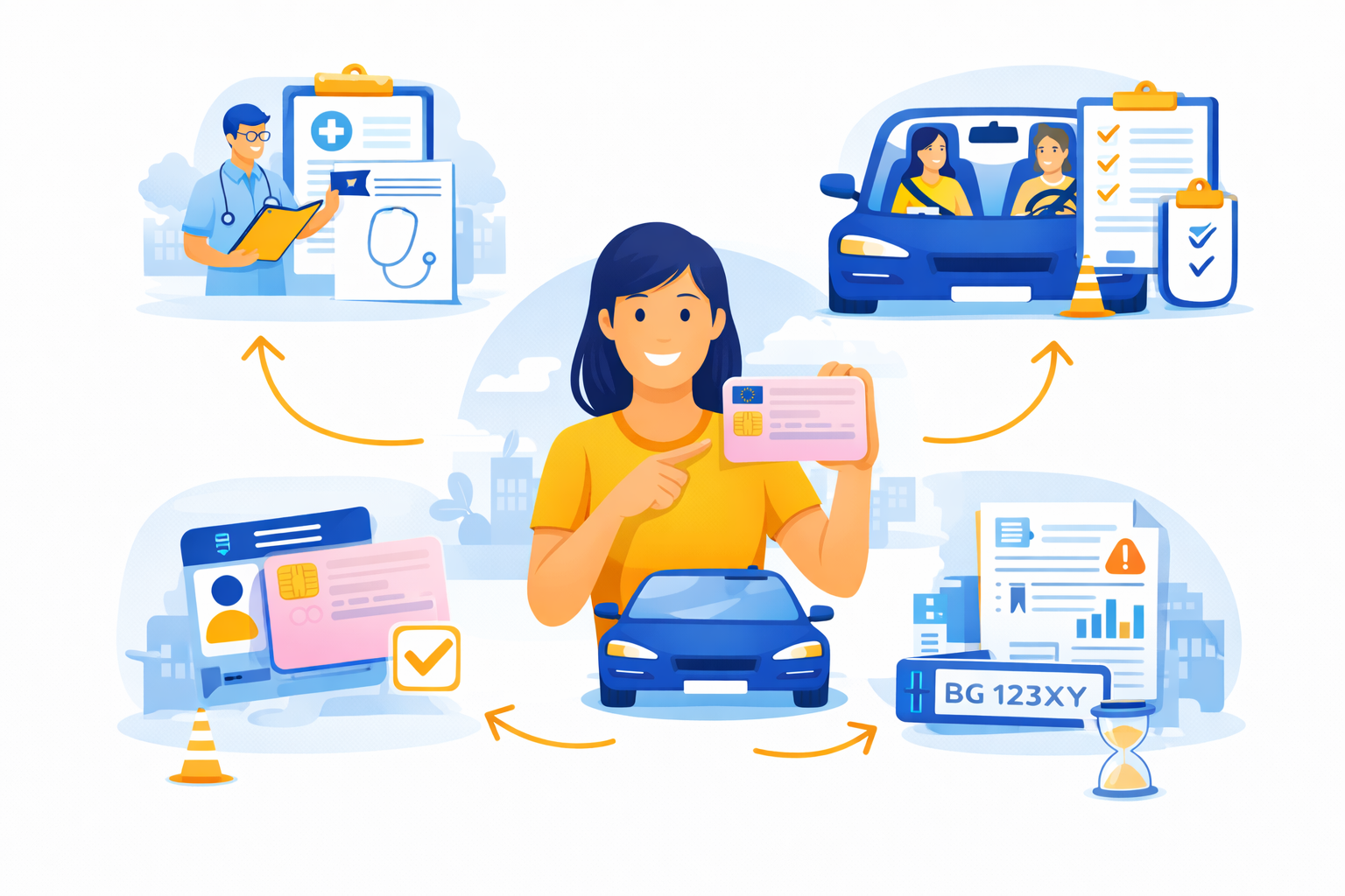 Donna con in mano la patente di guida, circondata da icone: visita medica, esame di guida, modulo online e immatricolazione dell'auto.